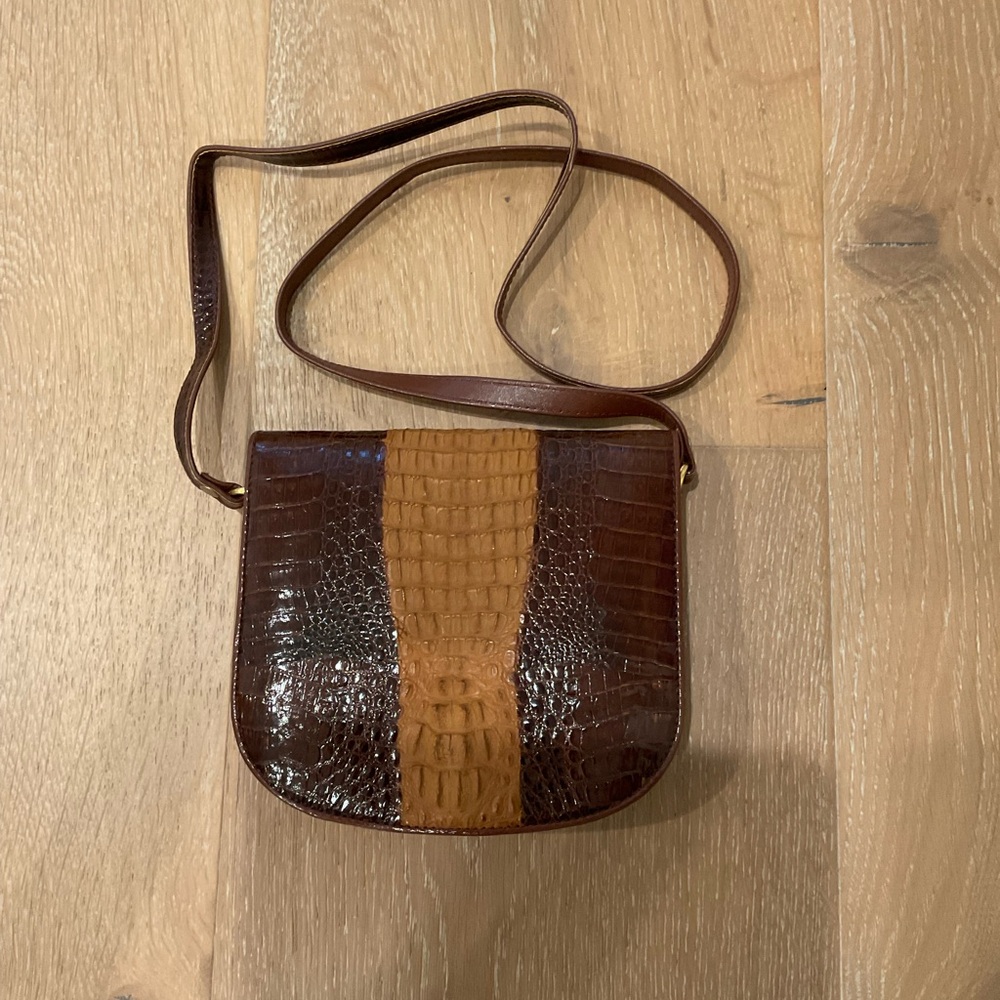 Brown real Croc-Crossbody Bag with Tan Center Panel
